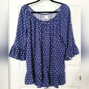 Womens BOHO Blue Print Ruffle Hem Flare Sleeve Top Tunic Size 1X / 16W / 18W